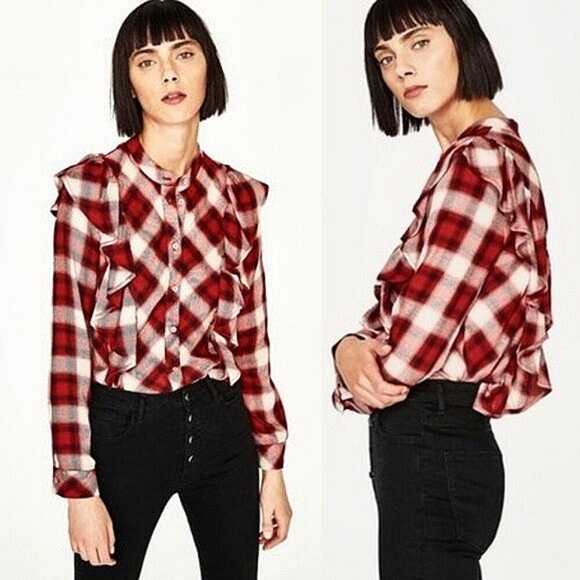 3 for $30! Zara Plaid Button Down Ruffle Shirt - Picture 1 of 9